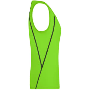 A bright green ladies sports tank top featuring a stylish black design. It has a fitted, sleeveless cut and includes a logo.