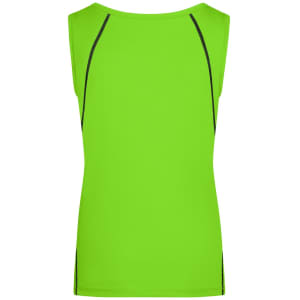 A bright green ladies sports tank top featuring a simple design and contrasting seams. It has a logo on the back.