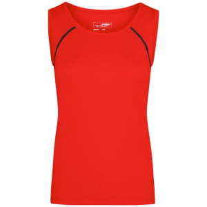 A red ladies sports tank top featuring a sleek design and contrast stitching. It includes a logo on the front.