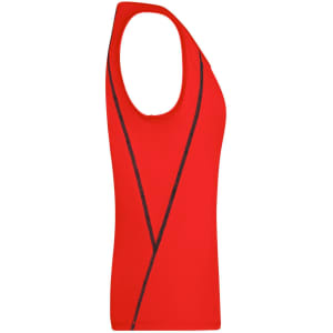 A red ladies sports tank top featuring a sleeveless design and a contrasting black stripe pattern.
