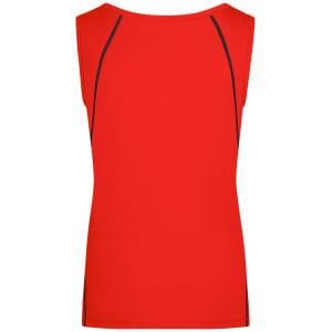 A red sports tank top with a sleeveless design and contrasting black seams. Features a logo on the back.