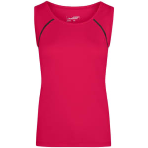 A red ladies sports tank top featuring black accents and a logo. Suitable for active wear and sports uniforms.