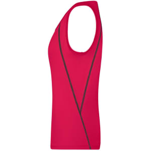 A ladies sports tank top in vibrant red with contrasting black lines, featuring a fitted design and an unobtrusive logo.