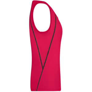 A red ladies sports tank top with a fitted design and contrasting black seams, featuring a logo.