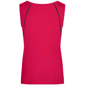 A bright pink ladies sports tank top with black detailing on the sides and a sleeveless design.