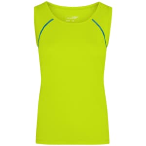 A bright lime green ladies sports tank top with blue accents and a logo. Perfect for active wear.