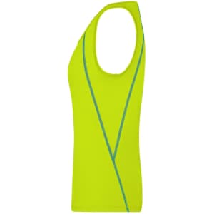 A vibrant yellow ladies sports tank top with a blue accent and a logo. Features a sleeveless design.