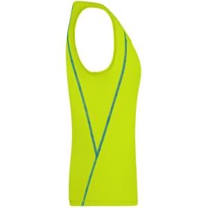 A bright yellow ladies sports tank top with blue accents and a sleeveless design. Features a logo.