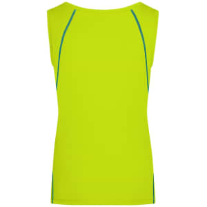 A back view of a bright yellow ladies sports tank top with blue piping details and a logo.