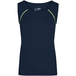 A navy ladies sports tank top with green accent detailing and a logo on the upper front.