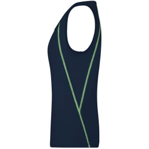 A navy sports tank top with a slim fit, featuring green accent lines and no sleeves, complete with a logo.