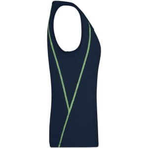 A navy ladies sports tank top featuring green accent stripes and a fitted design. It has a logo on the front.