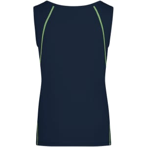 A navy ladies sports tank top featuring green accent stripes and a logo. Back view with a sleeveless design.
