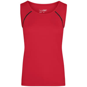 A red ladies sports tank top with a fitted design and black accents. It features a logo on the label.