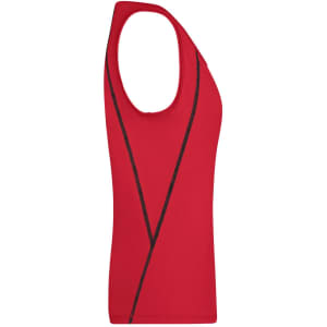 A red sports tank top with a sleek design and black detailing, featuring a logo.