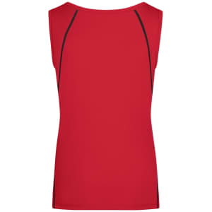 A red ladies sports tank top with a sleek design and contrasting black accents, featuring a logo.