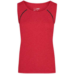 A red ladies sports tank top with a round neckline and contrast stitching, featuring a logo.