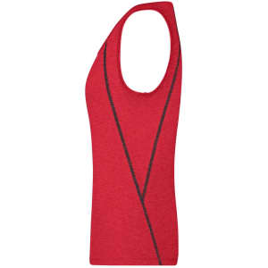 A red sports tank top with a sleeveless design and a black geometric pattern. It features a logo on the fabric.