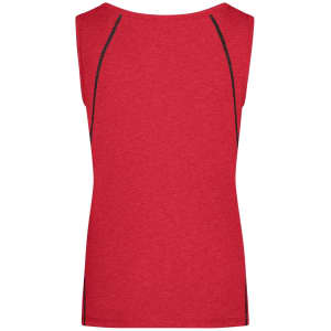 A red ladies sports tank top featuring a fitted design and contrasting stitching. It includes a logo on the back.