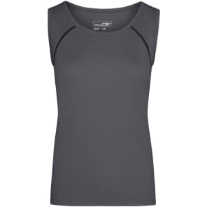 A grey ladies sports tank top with a fitted cut and subtle seam detailing. It features a logo on the fabric.