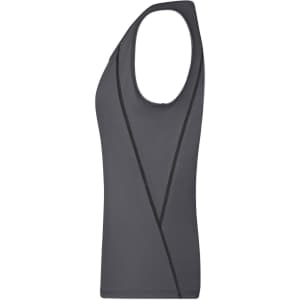 A grey ladies sports tank top with a sleek design and a logo on the side. Ideal for sporty activities.