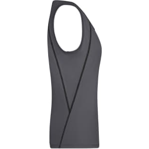 A grey ladies sports tank top featuring a sleeveless design and a subtle geometric pattern. It has a logo.