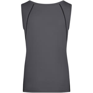 A grey ladies’ sports tank top with a sleek design and contrast stitching, featuring a logo.