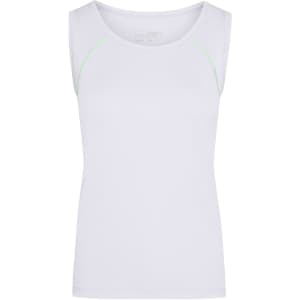 A white ladies sports tank top with green accents and a logo on the front. Ideal for activewear.
