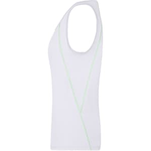 A white ladies sports tank top featuring green stitching and a logo.