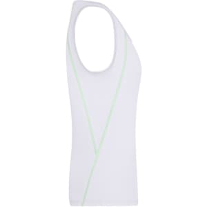 A ladies sports tanktop in white with green detailing and a logo, featuring a fitted design.