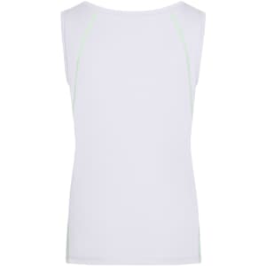 A white sports tank top with green stitching and a logo at the back. Suitable for athletic activities.