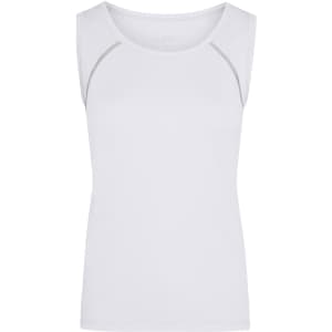 A white ladies sports tank top with a fitted design and subtle seams, featuring a logo on the side.