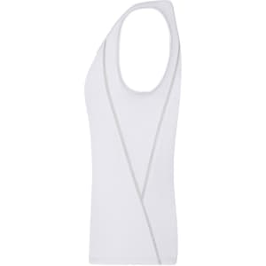 A white ladies sports tank top featuring a sleek design and subtle contour lines. It has a logo on the front.