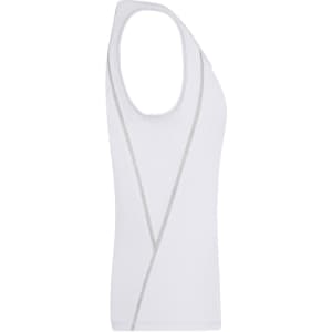 A white ladies sports tank top with a fitted design and stylish stitch detailing. It features a logo.