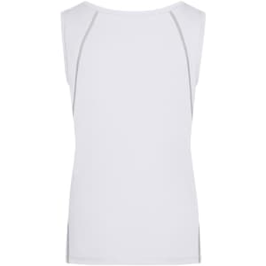 A white ladies sports tank top with grey detailing and a logo, featuring a sleek, sleeveless design.