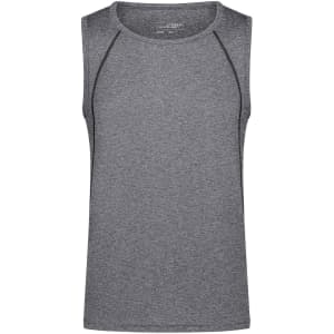 A grey men's sports tank top with a classic sleeveless design and a logo on the label.