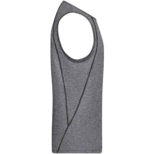 A grey men's sports tank top with a unique cut design and a logo on the fabric.