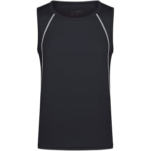 A black men's sports tank top featuring contrasting piping and a logo.