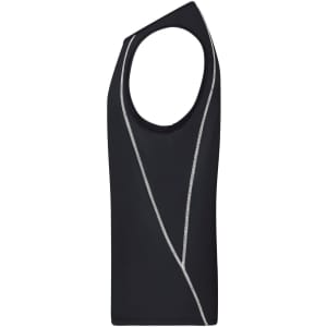 A black men's sports tank top featuring contrasting grey trim and a logo. Designed as a sleeveless singlet.