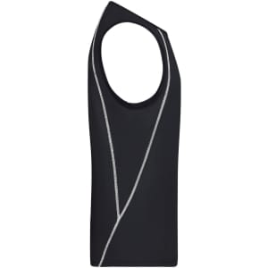 A black men's sports tank top with a sleeveless design and grey accent lines. It features a logo.