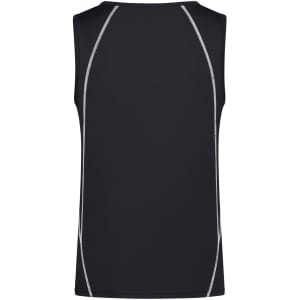 A black men's sports tank top featuring contrasting white stitching and a simple design. Includes a logo.