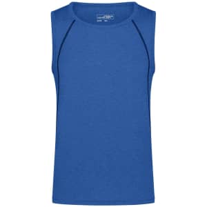 A blue men's sports tank top with a crew neck and contrasting side seams. It features a simple logo.