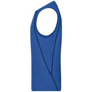 A blue men's sports tank top with a unique sleeveless design and a logo on the front.