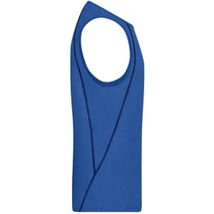 A blue men's sports tank top with a sleeveless design and an angled neckline. It features a logo.