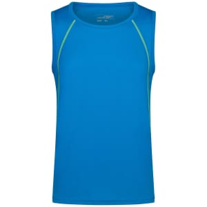 A men's sports tank top in bright blue with green accents, featuring a logo on the front.