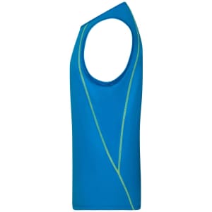 A blue men's sports tank top with a green accent line and a logo. The design features a sleeveless cut.