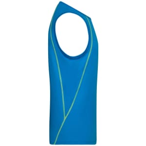 A men's sports tank top in bright blue with green detailing and a sleeveless design. It features a branding logo.