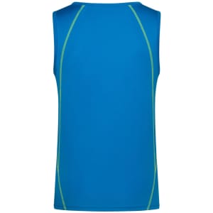 A blue men's sports tank top with green detailing along the seams and a branding logo.