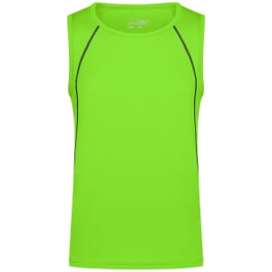 A men's sports tank top in bright green with contrasting grey stitching and a logo.