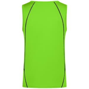 A bright green men's sports tank top featuring a sleek design with contrasting stitching. It has a logo.